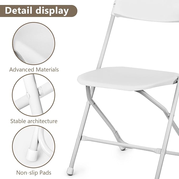 Folding Chairs 10 Pack, Heavy-Duty Plastic Foldable Chairs with Sturdy Metal Frame, 350 lbs Capacity, Stackable Portable for Weddings, Parties, Office, Indoor, Outdoor Events, White