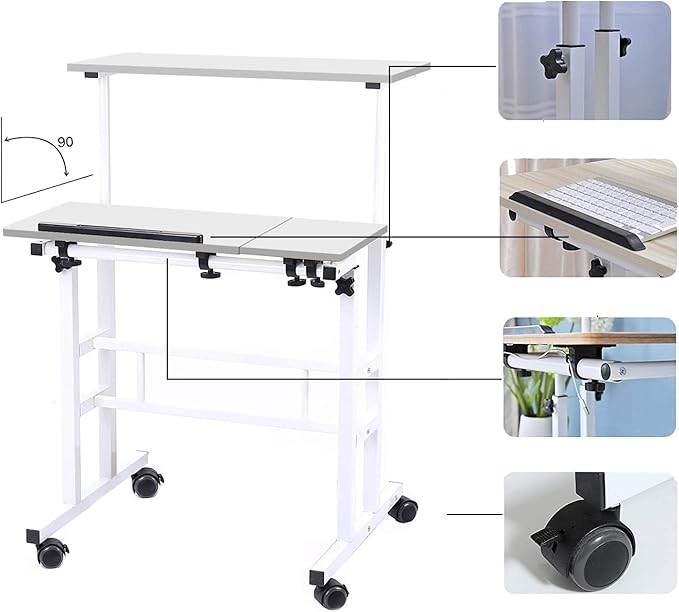 DlandHome Adjustable Rolling Sit-Stand Desk, Mobile Computer Desk Stand Up Workstation, White