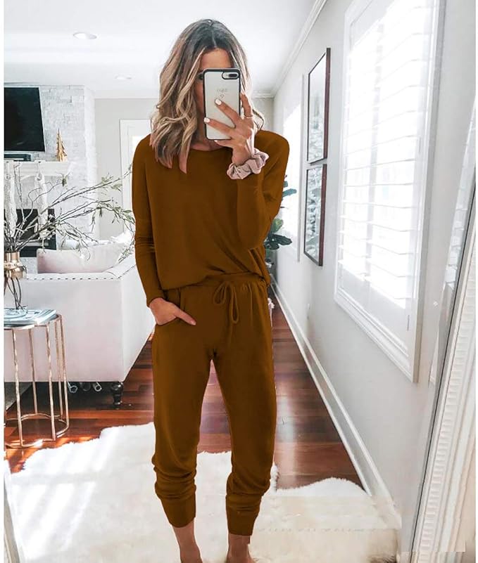 PRETTYGARDEN Women Fall 2 Piece Lounge Outfit Long Sleeve Tops High Waisted Jogger Pants Set Spring Travel Clothes Tracksuit