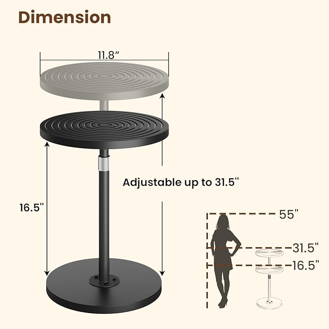 Asgolion Round Side Table, Adjustable-Height Drink Table for Small Spaces, Pedestal Martini Table, Cocktail Tables Weighted Base for Living Room, Bedroom, Bathroom, Office, Black