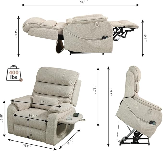 Beige Recliner Chair for Elderly | Tall and Big Man 400lbs | Chenille | Power Lift, Lay Flat, Stand Up, Wireless Charging Device, Extended Footrest, Massage Heat, Cup Holder, Lumbar Pillow