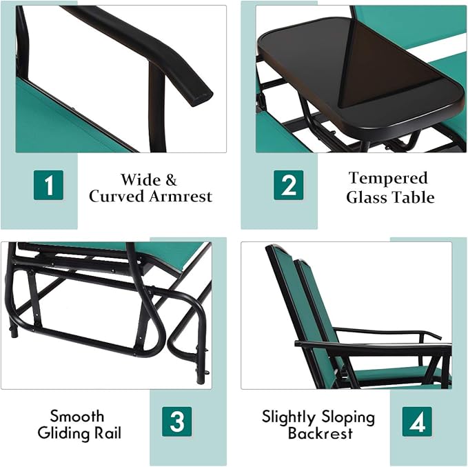 S AFSTAR 2-Person Outdoor Glider, Patio Glider Bench Chairs with Center Tempered Glass Table & Breathable Loveseat, Double Swing Glider Chair for Porch Garden Poolside Balcony Lawn (Turquoise)
