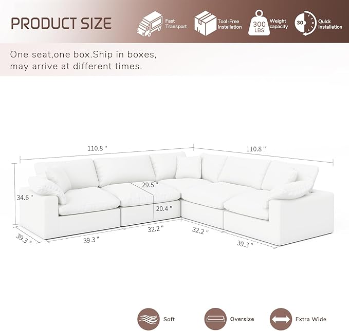 Forest aesthetics Cloud Modular Sectional Sofa,211.6" Down Filled Sofa 5 Seat with Chaise,Minimalist Sofa Cover Washable and Replaceable Couches for Living Room,Sectional Sofa Deep Seat White