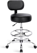 SUPERJARE Drafting Chair with Back, Adjustable Foot Rest Rolling Stool, Multi-Purpose Office Desk Chair, Thick Seat Cushion for Home Bar Kitchen Shop - Black
