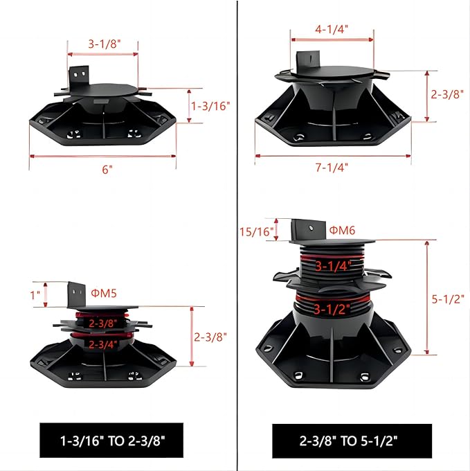 BGTLGIO 12Pack Adjustable Deck Support Pedestal Deck Foundation Base Support for Floating Deck Platform Deck Floor Height Adjustment Raising from 2-3/8"" to 5-1/2"", Black