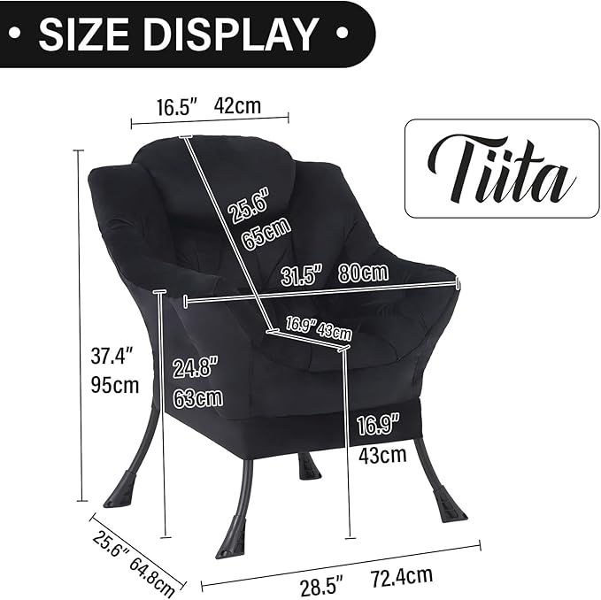 Tiita Lazy Chair, Modern Large Accent Lounge Armchair, Comfy Leisure Sofa Reading Chair for Bedroom, Living Room, Dorm Rooms, Garden and Courtyard, Black