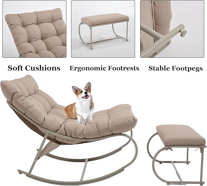 DAYAOUTDOOR Rocking Chair Outdoor Set of 2, Extra Wide Outdoor Chair with Cushion, Patio Rocking Chairs with Ottoman, Patio Papasan Rocking Chairs for Porch, Garden, Lawn, Khaki