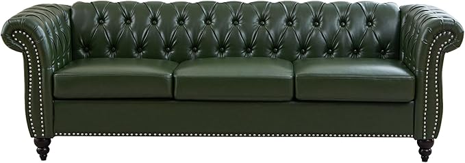 QHITTY Accent Large Sofa, Chesterfield Couch 3 Seater Modern Leather Couch Upholstered Sofa with Tufted Back for Living Room Furniture (Green)