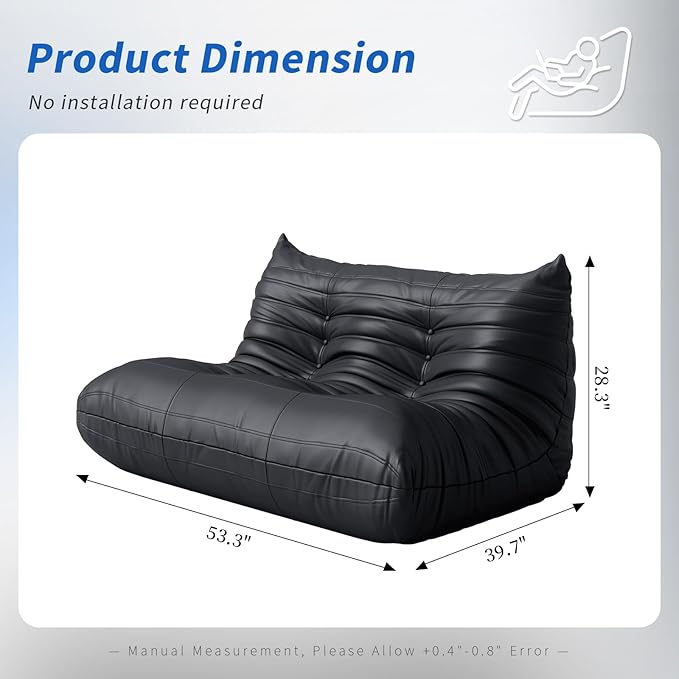 Fireside Corner Bean Bag Chairs for Adults,Comfy Lazy Floor Sofa Couch, Soft Lounge Foam-Filled Couches Loveseat Chair for Living Room Bedroom Office,Black