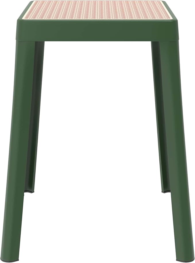 LeisureMod Stackable Square Plastic Dining Stool - Mid-Century Modern Backless Accent Stool with Wicker Top for Kitchen & Dining Room, Green