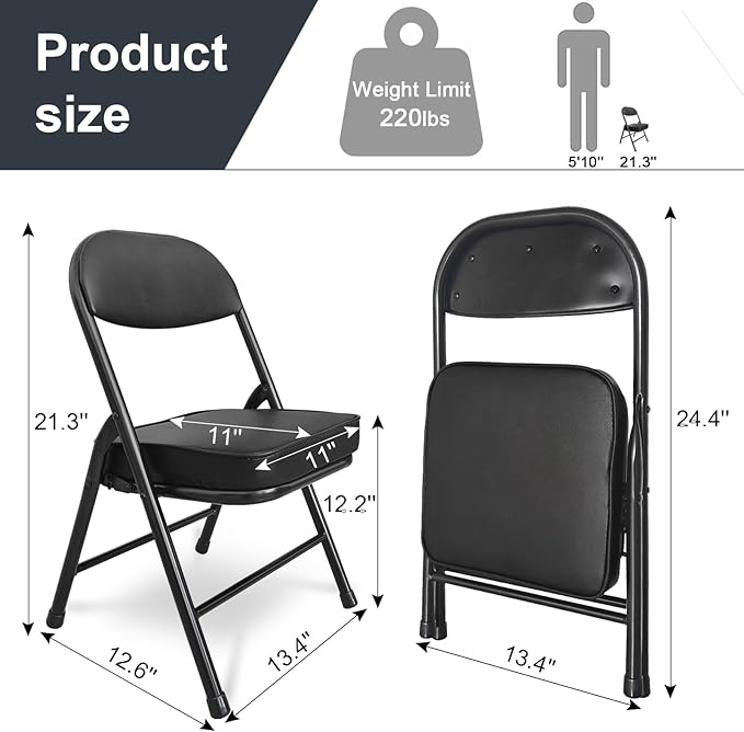 fusehome Mini Folding Chair, Garage Stool, Portable Camping Chair with Padded Seat, Lightweight and Compact Lawn Chair, for Patio, Garage, Camping, Fishing, Hiking, Hunting, Picnic, Beach, Black