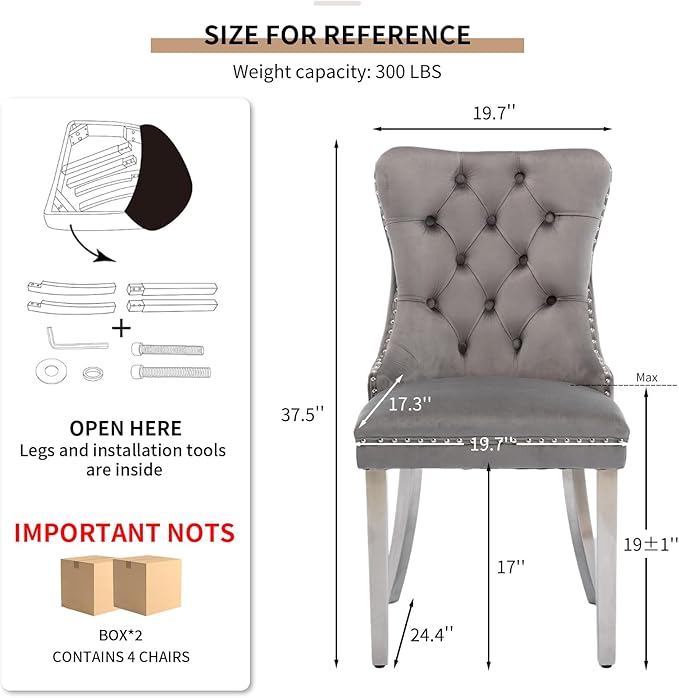 YeahFurn Mid Century Modern Dining Chairs Set of 4, Grey Velvet Upholstered Tufted Back, Kitchen & Dining Room Chairs, Brushed Silver Metal Legs, Nailhead Trim, Sillas para Comedor (Gray, 4 Pcs)
