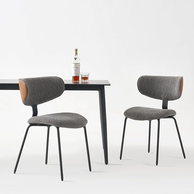 Modern Boucle Dining Chairs Set of 2,Faux Leather Kitchen & Dining Room Chairs,Curved Backrest Upholstered Dining Chairs with Metal Legs, Black