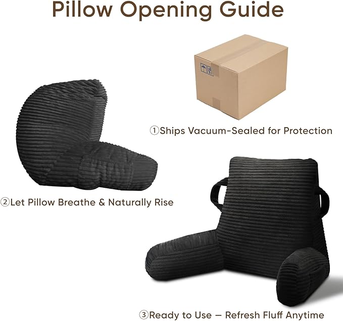 ABROLOY Reading Pillow for Sitting in Bed Adult, Bed Reading Pillow with Shredded Memory Foam, Back Pillow for Sitting with Arms and Pockets, Black