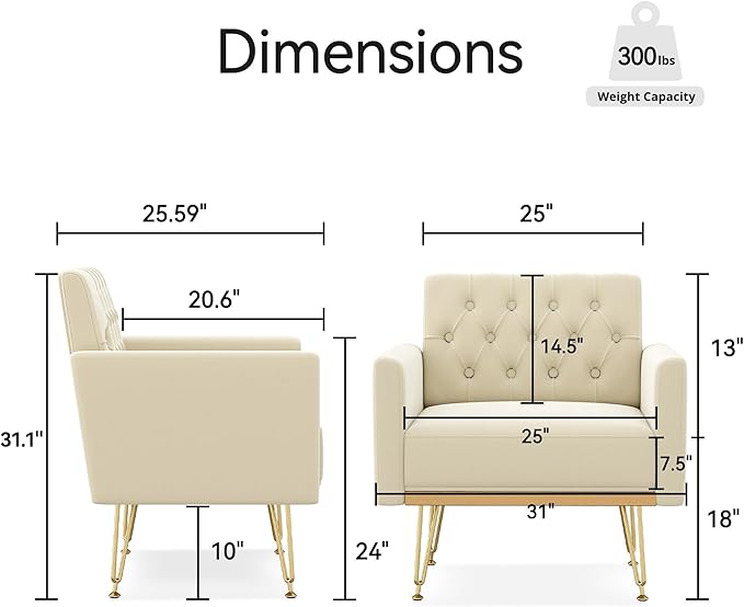 Accent Chair for Living Room, Comfy Oversized Velvet Upholstered Arm Chairs, Mid Century Modern Reading Single Sofa Side Chair with Tufted Back and Gold Legs for Bedroom (2, Beige)