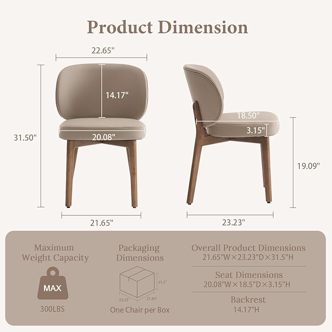 YOUNUOKE Dining Chairs Set of 2, Modern PU Leather Dining Room Chair with Wood Legs, Widen Backrest Upholstered Comfy Armless Side Kitchen Chairs, Khaki