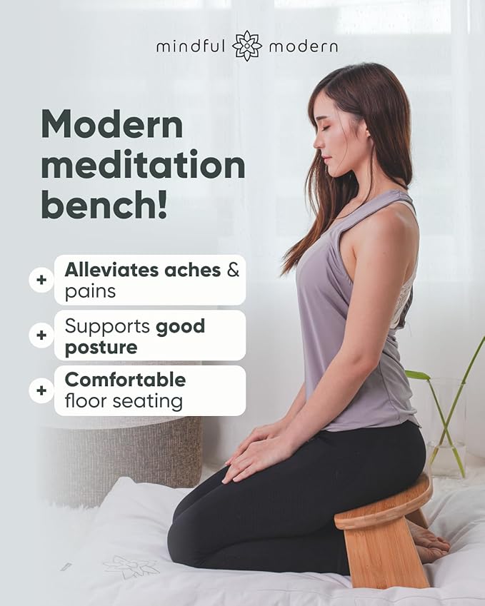 Mindful Modern Folding Meditation Bench - Bamboo Kneeling Stool with Locking Magnetic Hinges - Portable Cross Legged Folding Seiza Chair w/Travel Bag