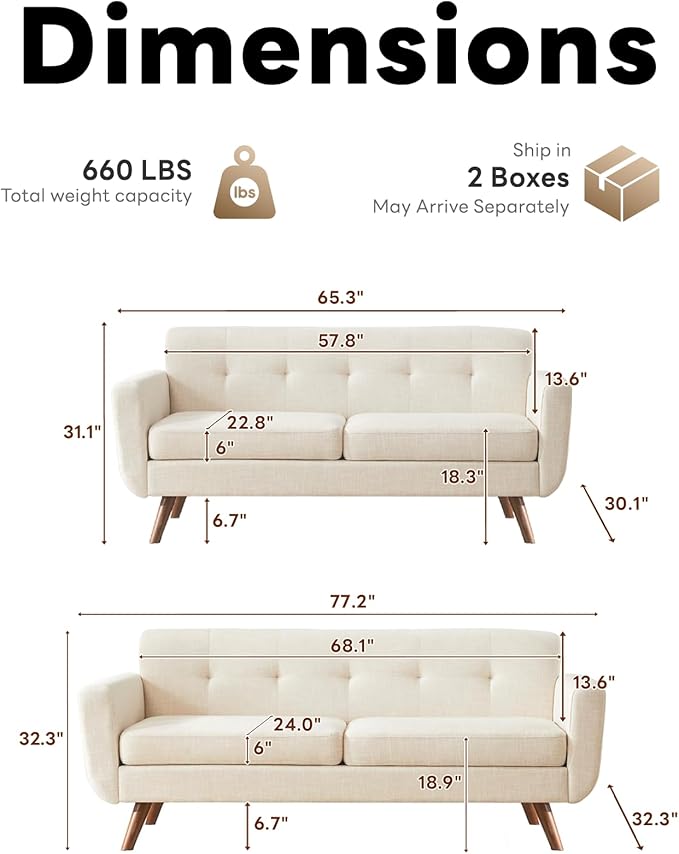 Tbfit Mid Century Modern Sofa Couch, Beige, Loveseat & Standard Sofa | linen fabric, button tufted, solid wood foot, pocket spring, wood slats frame