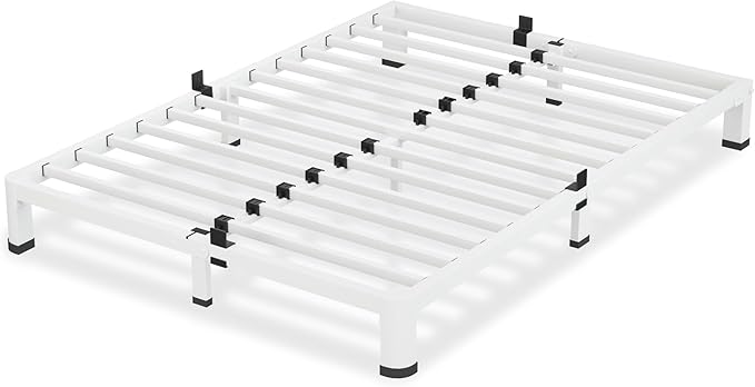 VIPSHOW 4 Inch White Queen Bed Frame, 3500Lbs Heavy Duty Metal Platform with Round Corner Legs Mattress Slide Stopper, Steel Slat Support No Box Spring Needed, Noise Free, Non-Slip, Easy Assembly