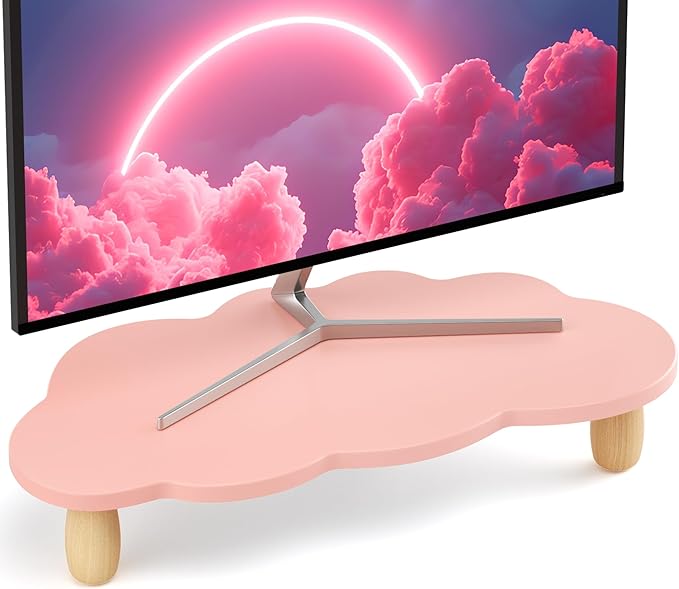 AFOOYO Monitor Stand Riser,Cloud-Shaped Sturdy Wood Computer Monitor Riser, Laptop Monitor Stand, Multi-Purpose Desktop Organizer Riser for Computer, Laptop, Printer, TV,Pink