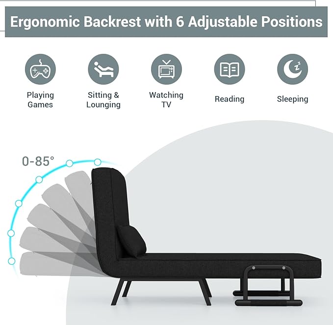 KOMFOTT Convertible Sleeper Chair Bed, 4-in-1 Folding Sofa Bed with 6-Position Adjustable Backrest, Upholstered Chaise Lounge with Removable Pillow, Leisure Recliner Lounge Couch for Home Office
