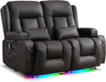 URRED Loveseat Recliner Sofa with Massage and Heat, Power Reclining Loveseat Sofa RV Couch Home Theater Seating with LED Lights, Cup Holders, Side Pockets, USB, Pillows, Faux Leather - Dark Brown