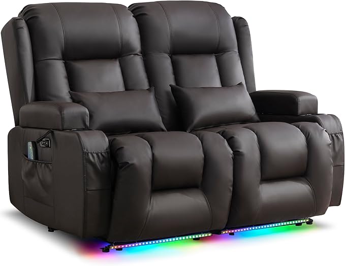 URRED Loveseat Recliner Sofa with Massage and Heat, Power Reclining Loveseat Sofa RV Couch Home Theater Seating with LED Lights, Cup Holders, Side Pockets, USB, Pillows, Faux Leather - Dark Brown