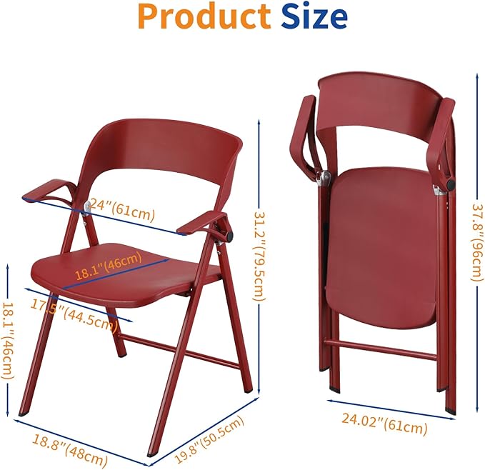Office Chair Adjustable Arms, Plastic Folding Chairs for Outside, Collapsible Dining Chairs, Portable Foldable Chair for Indoor, Outdoor, Wedding, Party, Office, Balcony, Garden (Red, 2Pack)