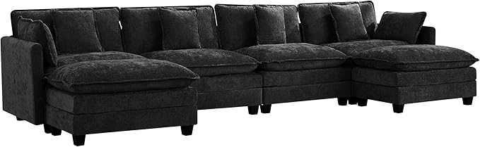 UMBFUN 4-Seater Cloud Couch with 2 Ottomans, Extra-Large Modular Sectional U Shaped Sofa with Deep Seat Cushions, Chenille Couch for Living Room, Dark Grey
