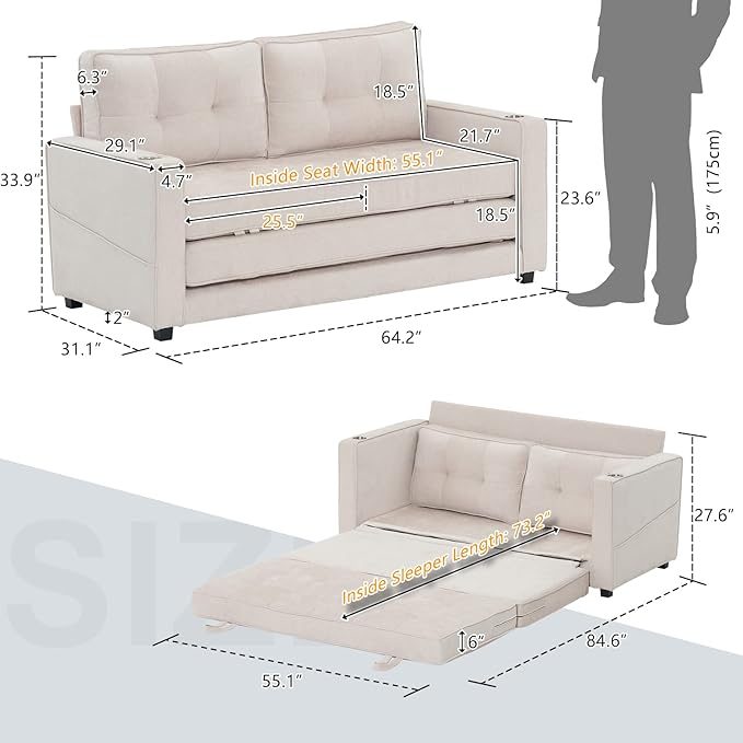 VINGLI Upgraded 64" W 84" L Full Size Futon Sofa Bed, 6" Thick Upholstery Chenille Loveseat Sofa Sleeper Pull Out Couch,Convertible Floor Couch for Living Room, Bedroom, Entertainment Room, Beige