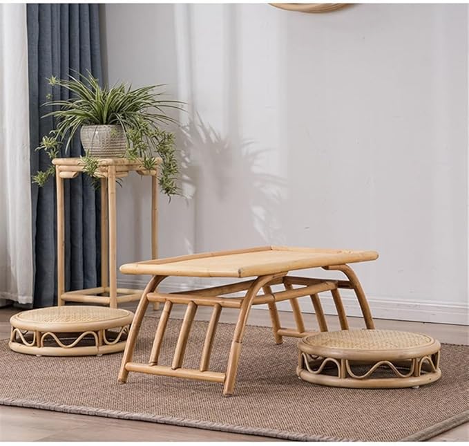 Rattan Low Stool, Hand-Woven Round Rattan Cushion, Meditation Floor Mat, Vintage Futon Cushion, Yoga Cushion, Suitable for Bedroom, Balcony(Natural,40 * 10cm/15.7 * 3.9in)