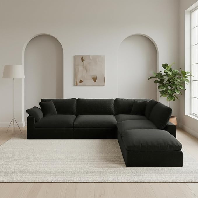 Forest aesthetics 143" Cloud Modular Sectional Sofa,Black Down Filled Sofa 4 Seat with Chaise,Minimalist Sofa Cover Washable and Replaceable Couches for Living Room,Sectional Sofa Deep Seat