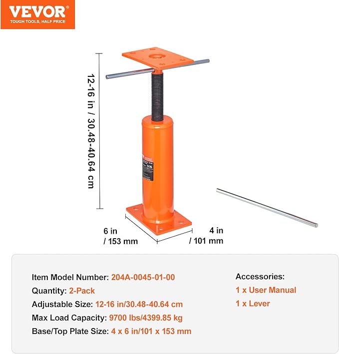 VEVOR House Floor Jacks, 2 Pack, 12"-16" Height Range, 9700 lbs Max Load Capacity Per Unit, Adjustable Support Beam Basement Jack Post Pole for Leveling, Steel Telescoping Jack for Temporary Support