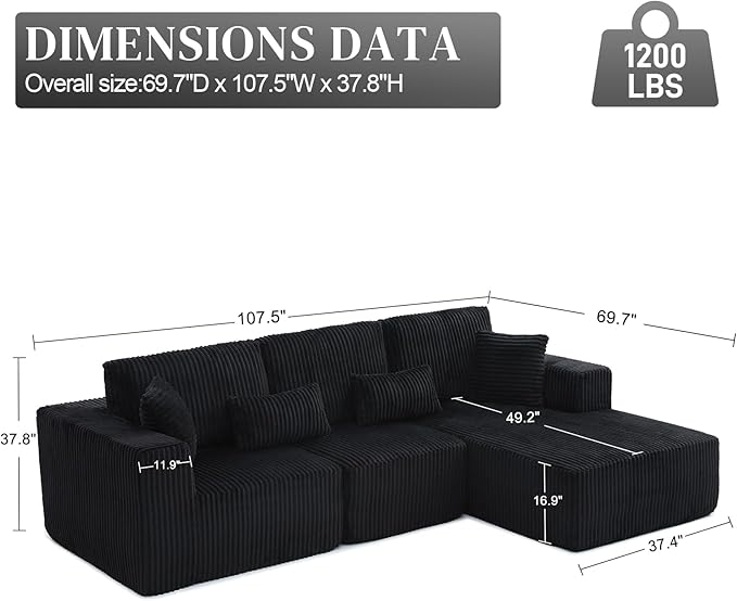 HYJT-H&K Modular Sectional Sofa Cloud Sectional Couch, 107" Comfy Fluffy L Shaped Dark Black Couches for Living Room, Deep Seat Memory Foam Plush Corduroy Boneless Couch Sectionals Right Facing Chaise