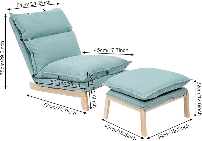 Single Lazy Leisure Chair, Adjustable Recliner Balcony Reclining Japanese Tatami Chair with Ottoman, Floor Seating Lounge Chair with Backrest and Footrest, Upholstered Chair for Living Bedroom (Green)