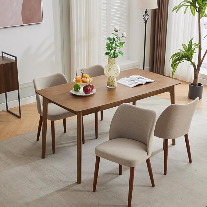 ElfinAura Dining Chair Set of 4, Linen Upholstered Dining Chair with Wood Legs, Wing Backrest, Wooden Kitchen Chair, Kitchen Chairs with Thick Cushions for Dining Room, Living Room, Khaki