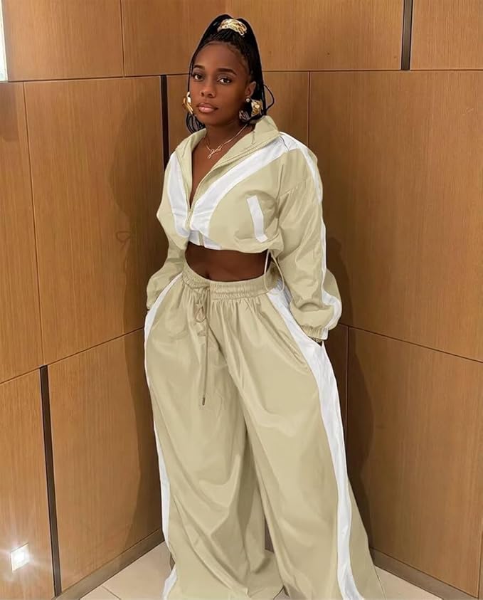 Women Striped 2 Piece Outfits Fall Workout Sets Windbreaker Tracksuit Crop Jacket Wide Leg Pants with Pockets