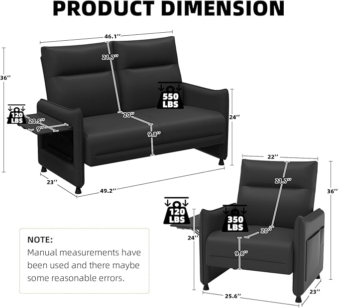 3-Piece Living Room Sofa Set, Faux Leather Loveseat & Accent Chairs Set of 2 with Hidden Foldable Tray & Side Pocket, Front Contour Arm Design, Upholstered Sofa Set for Office, Black