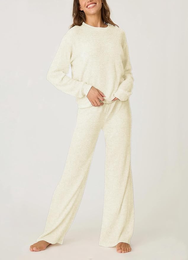 Aamikast Women's 2-Piece Lounge Set Soft Brushed Jersey Sleepwear Pajamas Set Long Sleeve Top & Wide Leg Pants