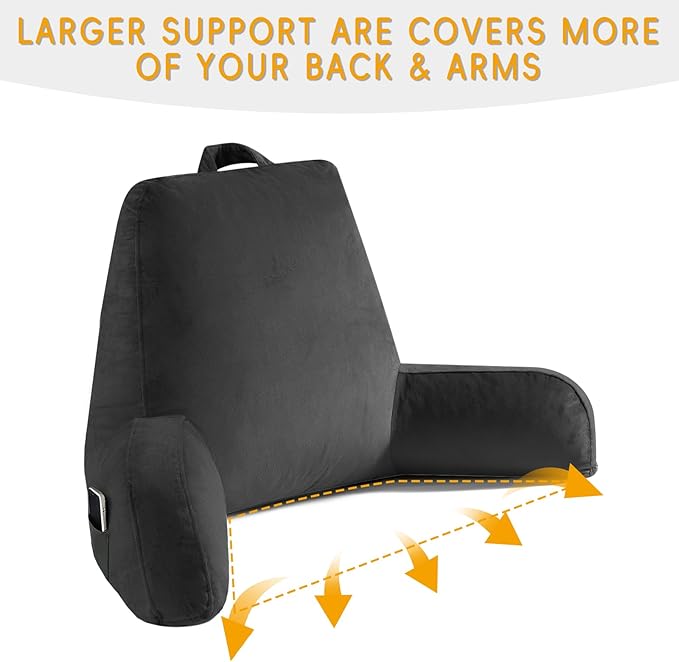 OAISZ Reading Pillow for Sitting in Bed Adult, Reading Pillow with Shredded Memory Foam, Back Pillow for Bed Sitting Up with Extend Arms, Pockets, Pillow with Washable Cover,Black, X-Large