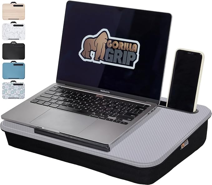 GORILLA GRIP Laptop Lap Desk with Phone Holder, Pillow Cushion Desks Fit Laptops up to 15.6", Tray Ledge Keep Computers in Place, Portable Travel Workstation Essentials for Home, Dorm Room, Gray