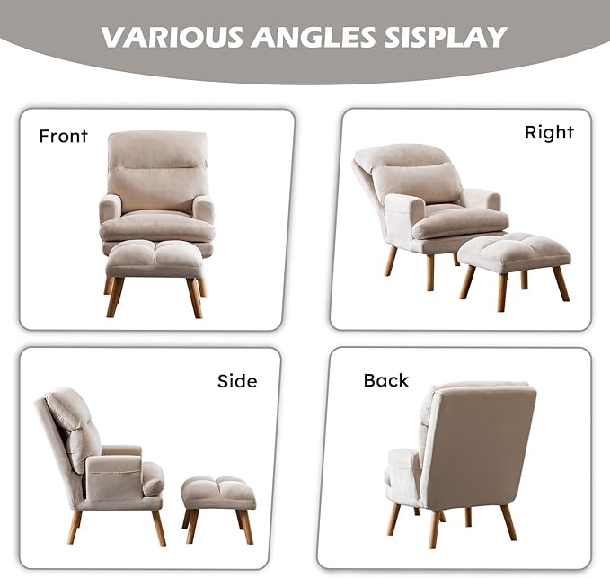 IOMOR Accent Chair with Ottoman Comfy Reading Chair Armchair with Adjustable Backrest and Side Pockets Soft Fabric Leisure Sofa for Bedroom, Living Room, Dorm Rooms, Garden, Beige