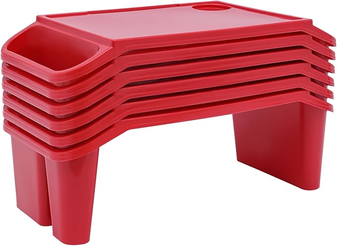 Mind Reader Kids Lap Desk, 6 PCS Kids Lap Desk Bulk Tray Lap, Portable Activity Tray with Side Storage, Stackable Plastic Desk Table for Students Drawing, Snacks, Study(Red, Small)