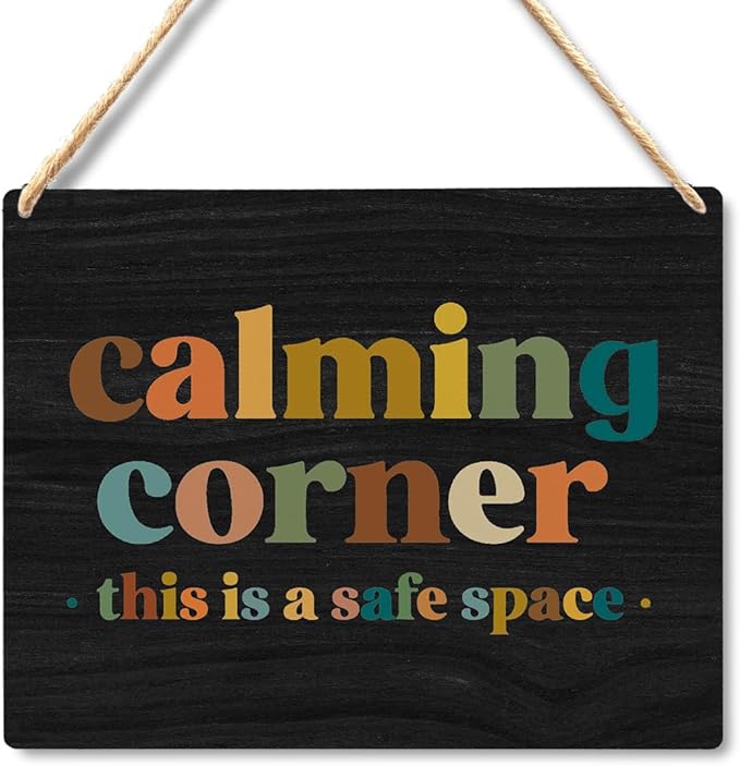 Calming Corner Hanging Wood Sign Plaque - Safe Space, Classroom Decor, School Counselor Office, Calm Down Corner Decorations - Boho Style (Black), 10x8