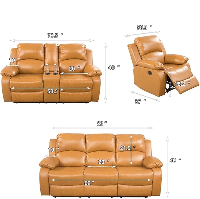 AYCP Bonded Leather Living Room Furniture Set Reclining Sofa Set Loveseat Furniture Sets in Living Room Sofa Recliners (3 Pieces, Ginger)