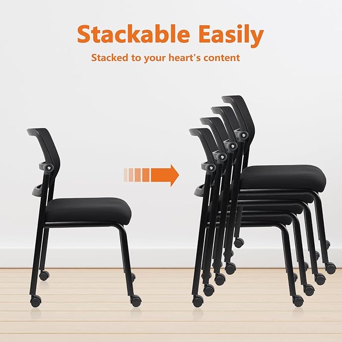 CLATINA 4PK Mesh Stacking Office Desk Chairs with Wheels, Portable Stackable Bulk Waiting Room Armless Chair with Adjustable Back & Fabric Seat for Guest Lobby Side School Church Conference Break