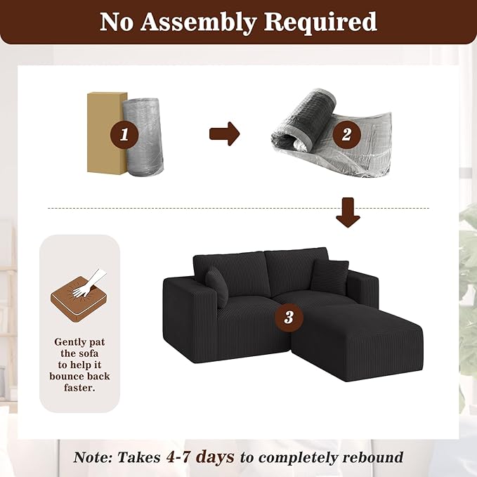 79" Modular Sectional Sofa with Ottoman, L-Shaped Cloud Couch, Memory Foam Boneless Loveseat with Chaise, No Assembly Required Corduroy Frameless Sofa for Small Apartment & Living Room, Black