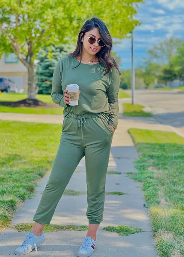 PRETTYGARDEN Women Fall 2 Piece Lounge Outfit Long Sleeve Tops High Waisted Jogger Pants Set Spring Travel Clothes Tracksuit