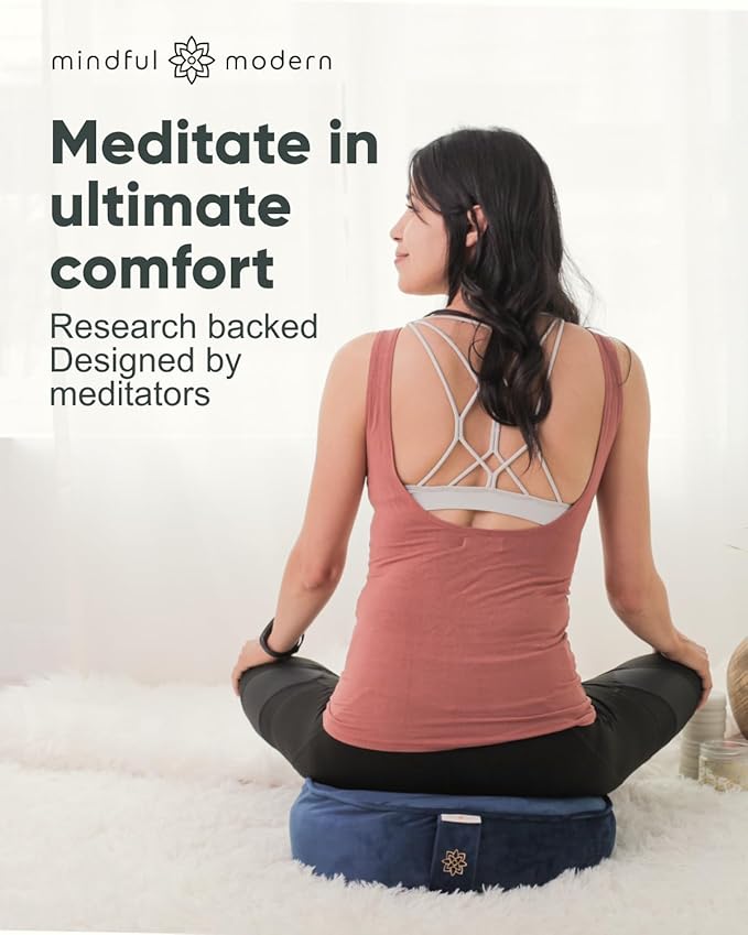 Mindful Modern Velvet Meditation Cushion | Luxe Zafu Yoga Floor Pillow Seat | Posture Support | Buckwheat Hull Filled | Large Round Cushion with Removable Washable Cover + Carry Handle