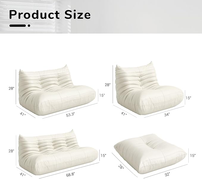 Comfy Lazy Floor Sofa Couch,Soft Armless Chair,Faux Leather Lounge Chair,Corner Relax Sofa Couch for Living Room Bedroom,Salon Office,Adults((White+3P+2P+1P+Ottoman)